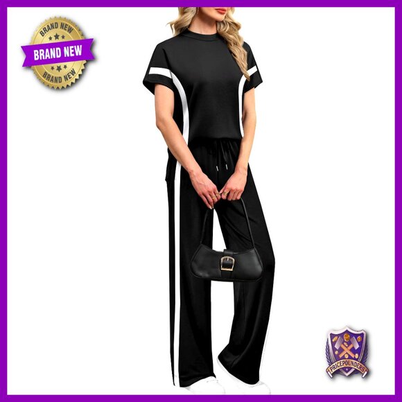 Pants - Women's Side Slit Lounge Set Wide Leg Tracksuit Mock Neck 2 Piece S-3XL